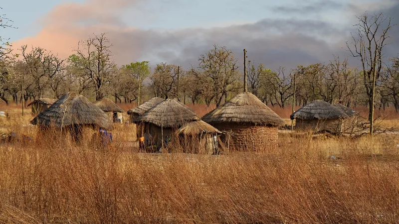 Cases rondes traditionnelles à toit de chaume dans une savane sèche