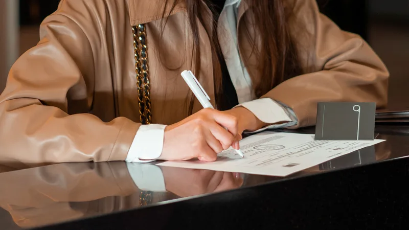 A person in a brown leather jacket signs a document on a dark table, pen in hand, with a paper clip visible.