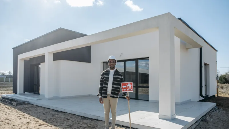 New white single-storey house with a terrace and large glass doors; a man in a hard hat holds a 'for sale' sign.