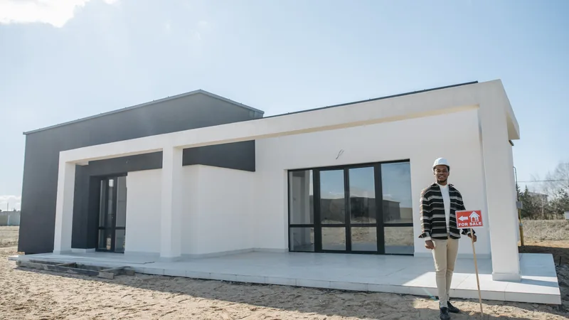 A modern white and black house on sandy ground, with a man wearing a hard hat holding a 'for sale' sign.