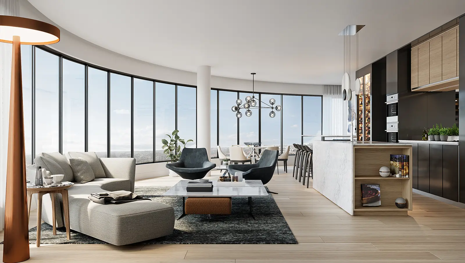 Séjour aux baies vitrées courbes et cuisine ouverte d'un appartement (perspective)