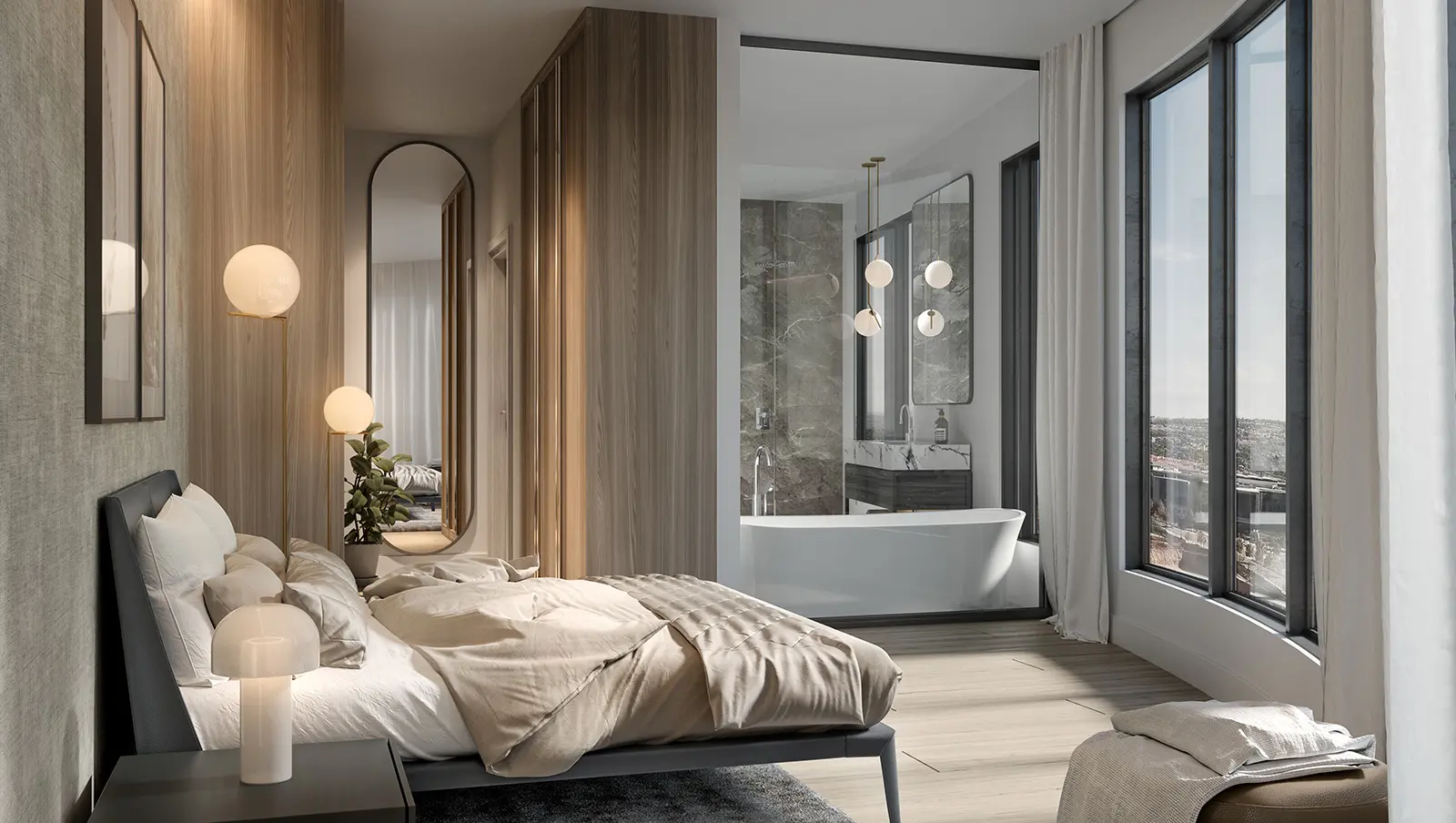 Chambre avec salle de bains ouverte et baignoire îlot (perspective)