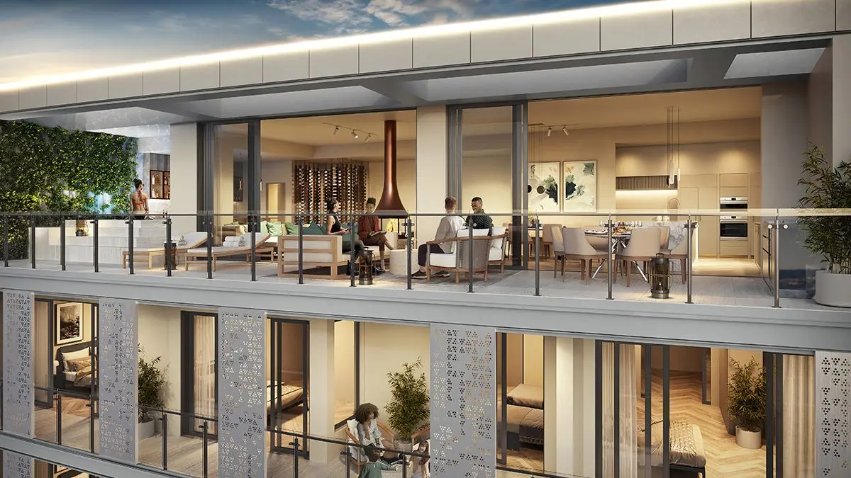 Grande terrasse couverte avec salon et salle à manger (perspective)