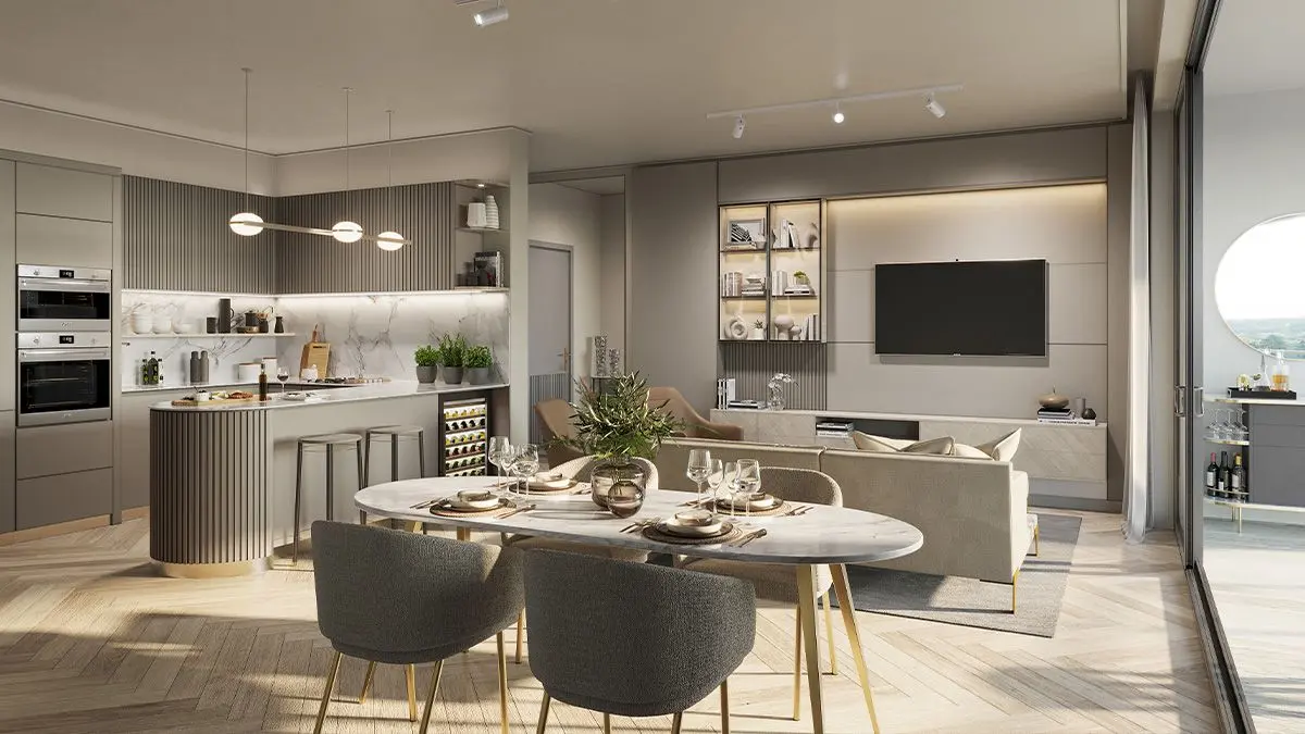 Cuisine et salle à manger d'un appartement (perspective)