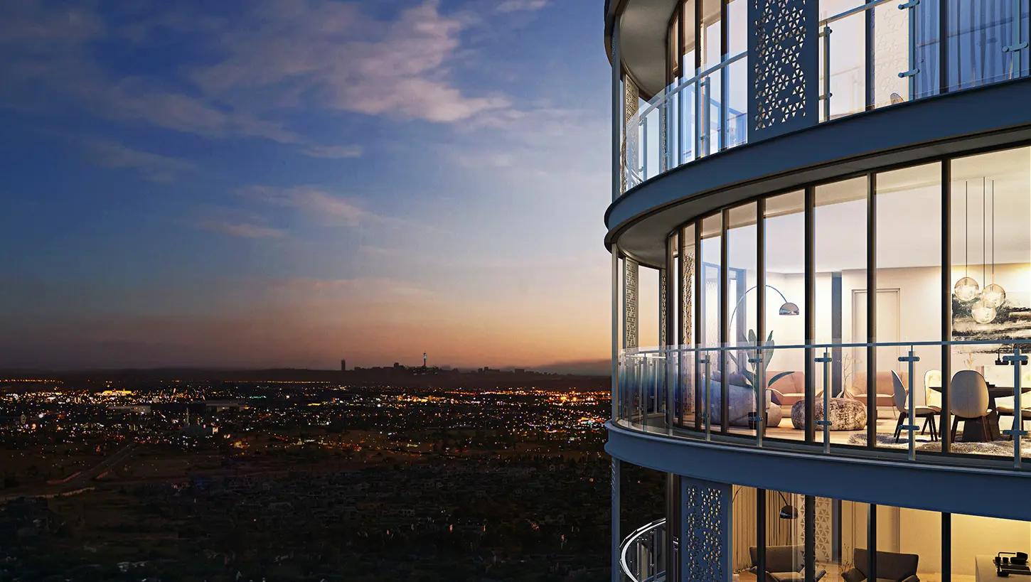 Balcon filant avec vue sur Midrand au crépuscule (perspective)