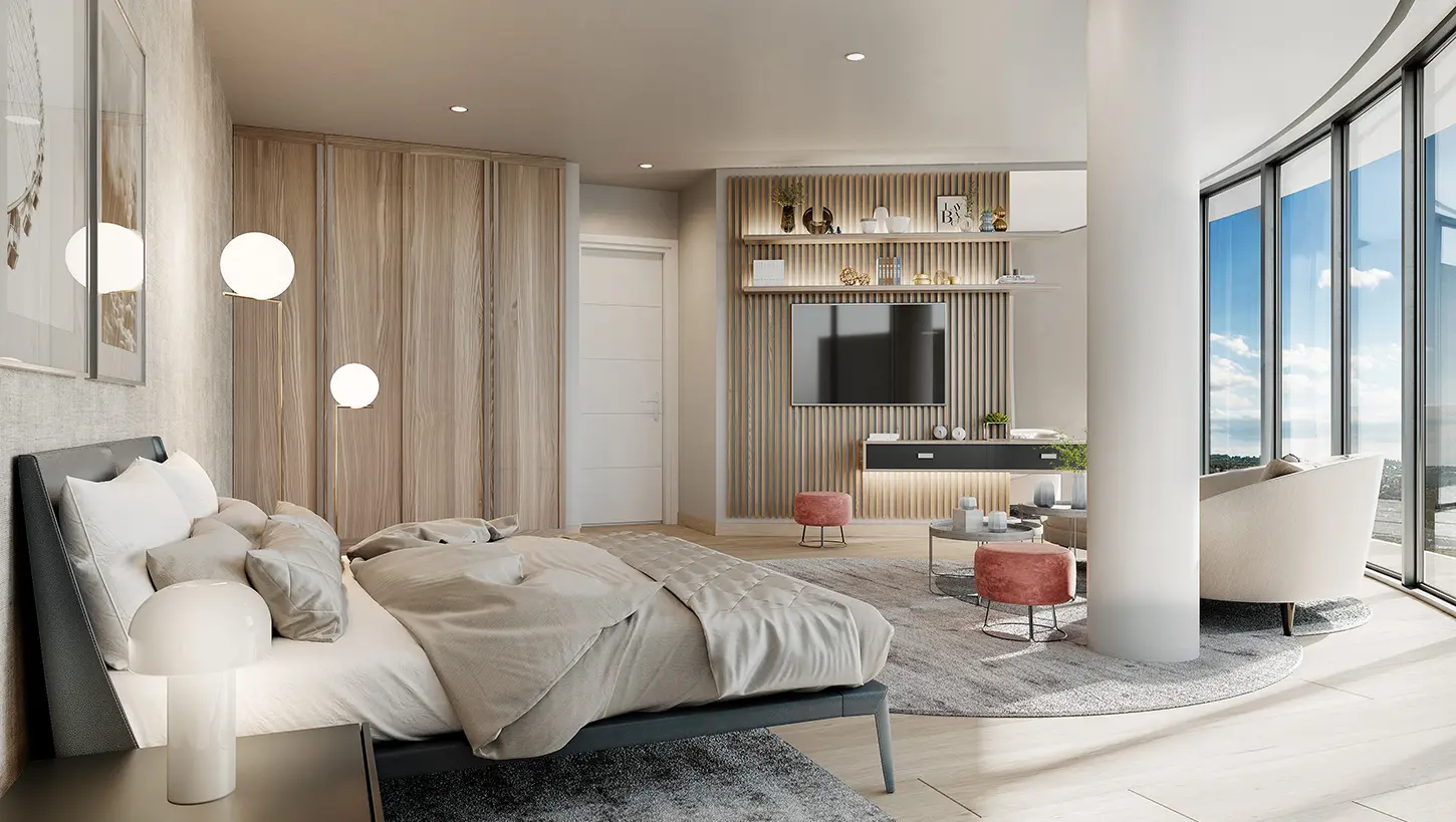 Chambre avec coin salon et rangements en bois (perspective)