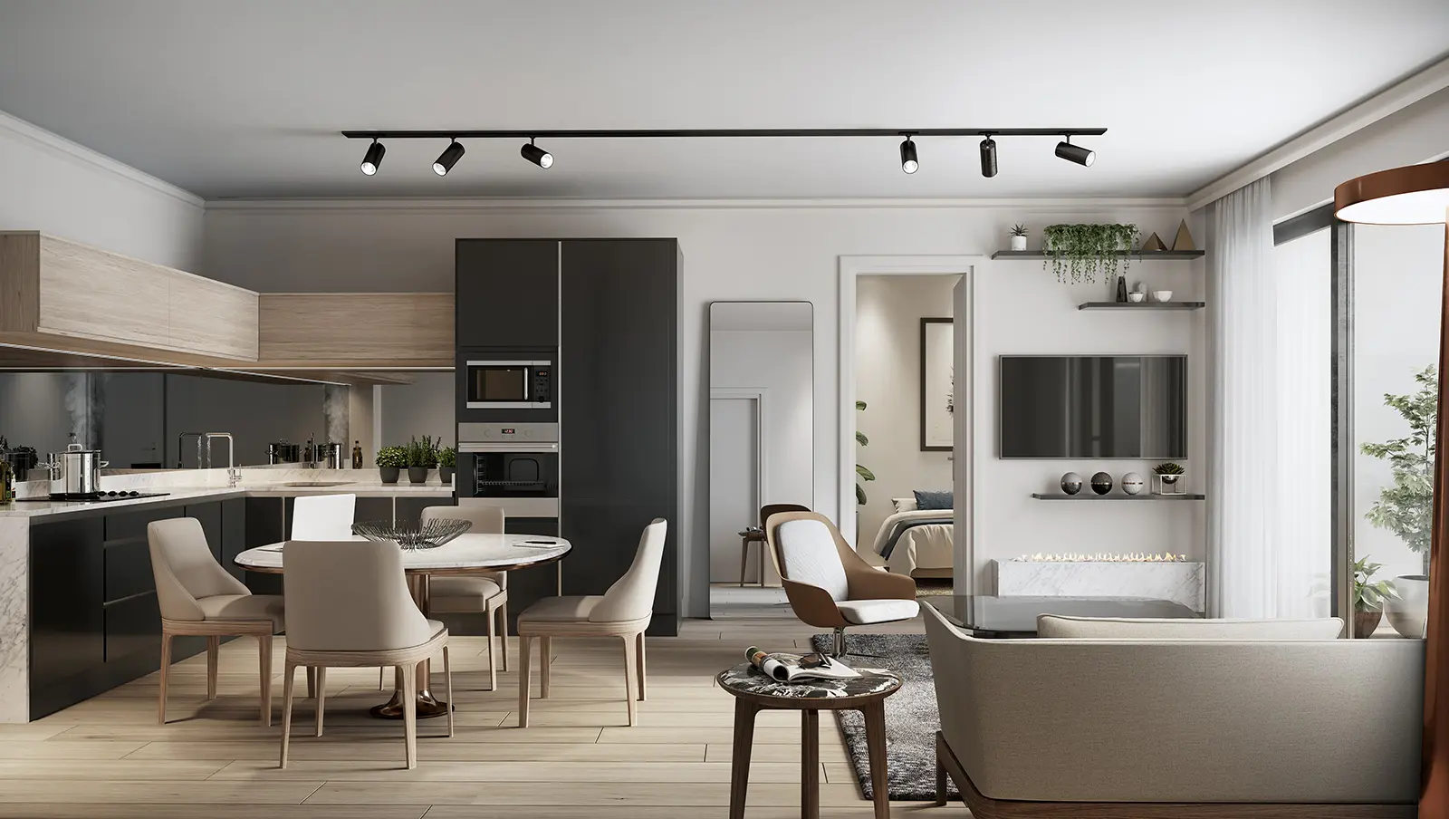 Cuisine ouverte et séjour d'un appartement (perspective)