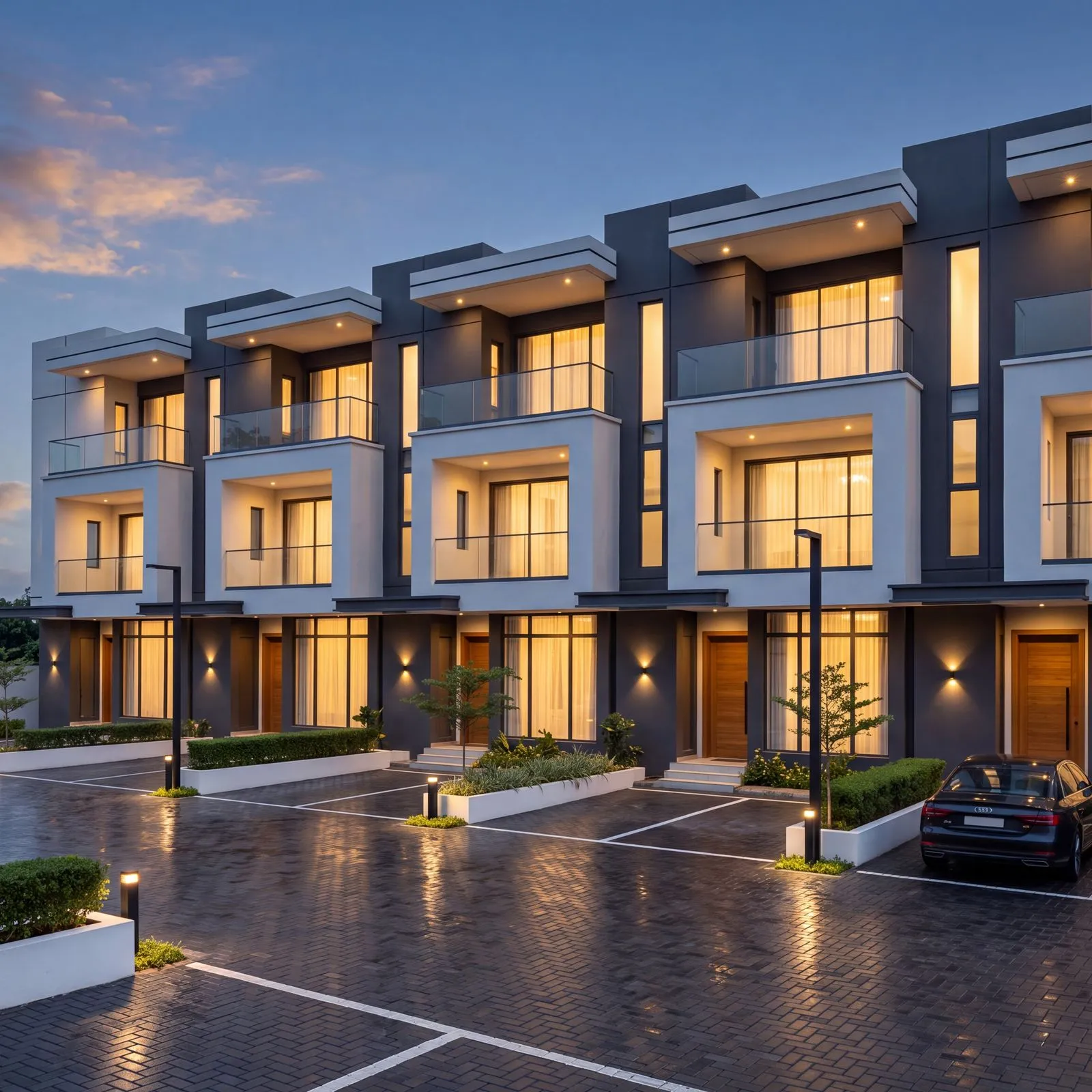 Design visualisation of an Emerald City terrace row at dusk, every window lit
