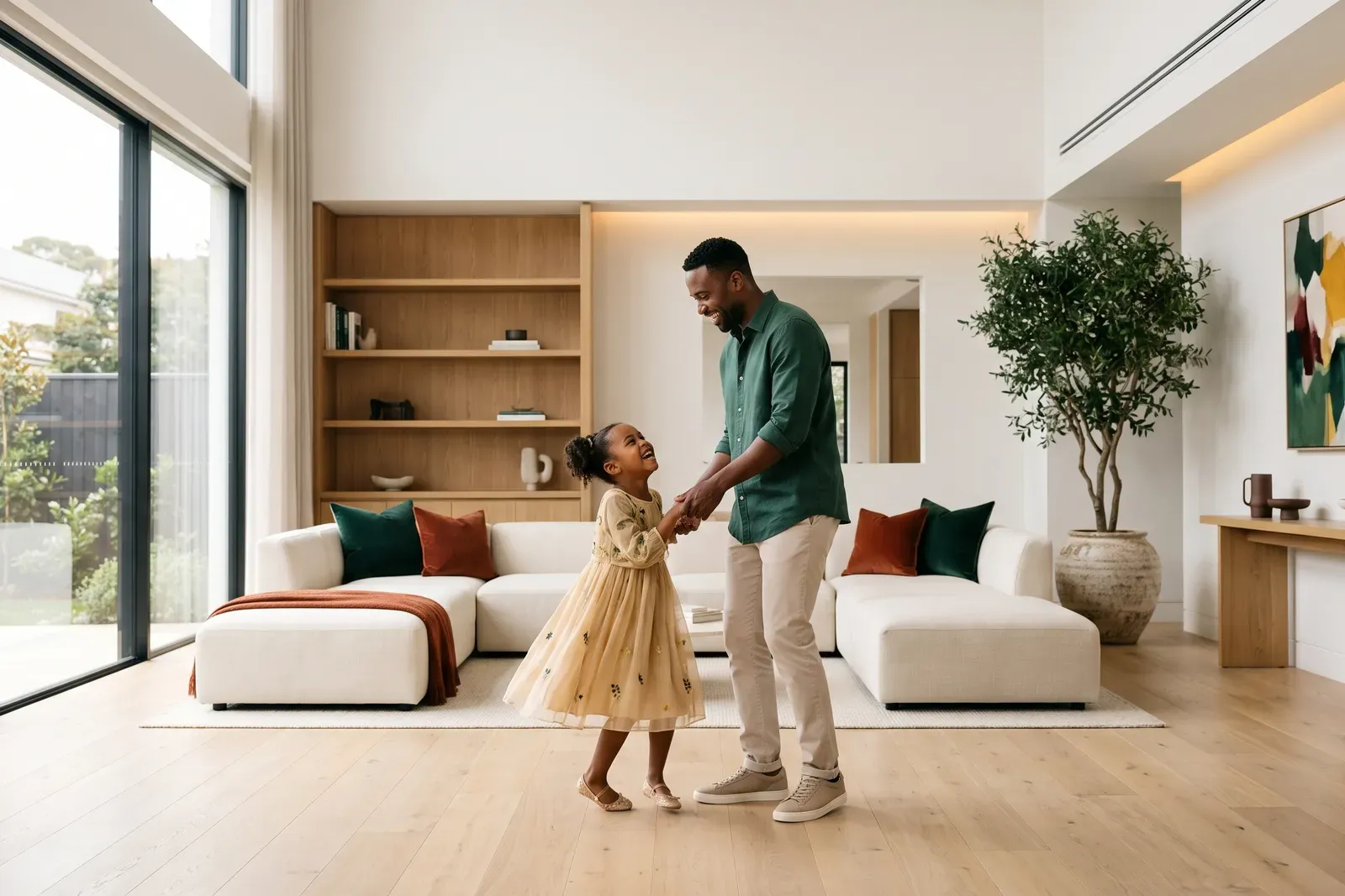 A father and daughter dancing in a spacious, light-filled living room