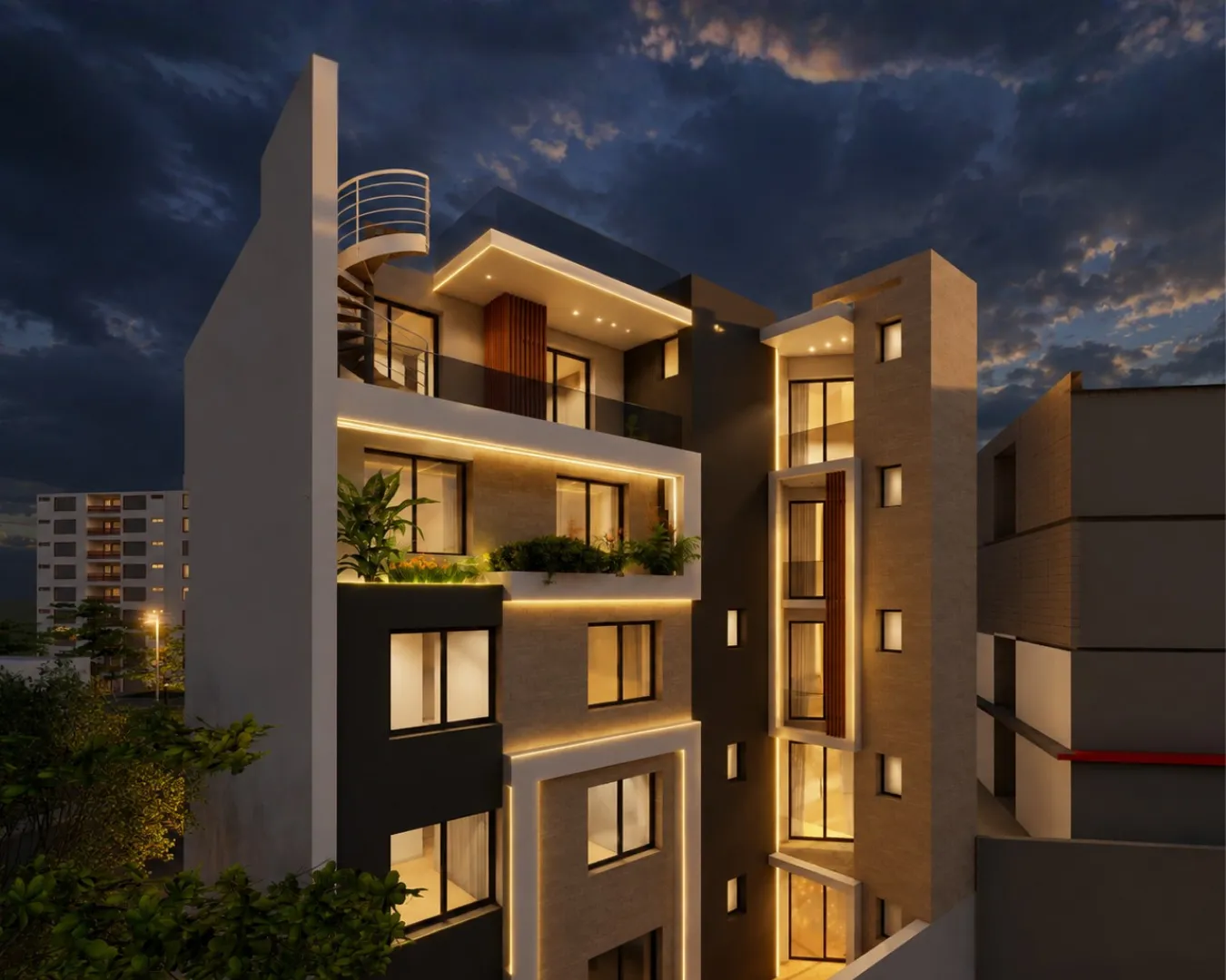 Résidence La Ruche - rendu 3D de la façade, vue de nuit