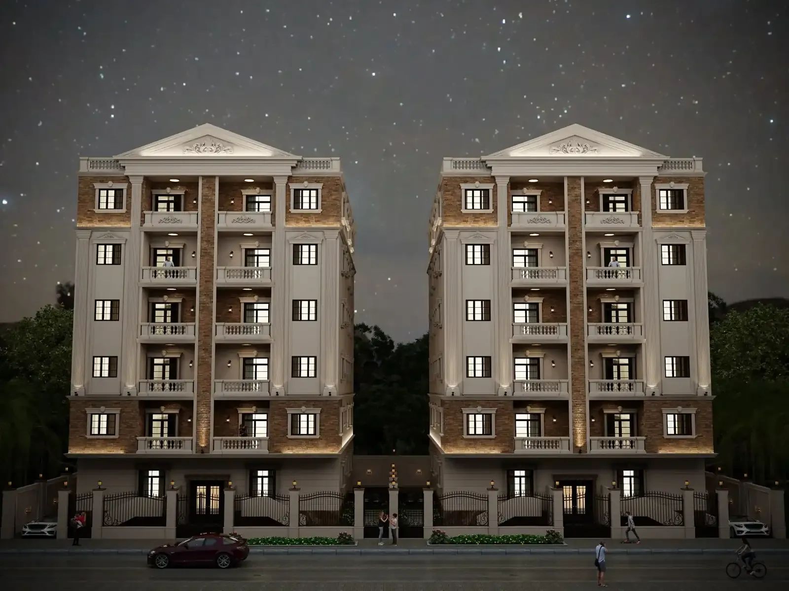 Apartments for sale in Andalus Gardens, New Cairo Project NB 26+27 — Corner facade — classical detailing and brick cladding
