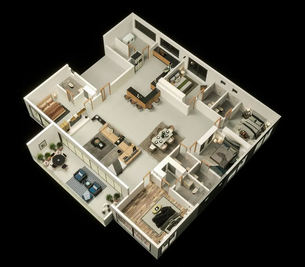 3D floor plan of a 5-bedroom apartment at Aquavista Residences, Nyali, with kitchen island, lounge, dining and long balcony
