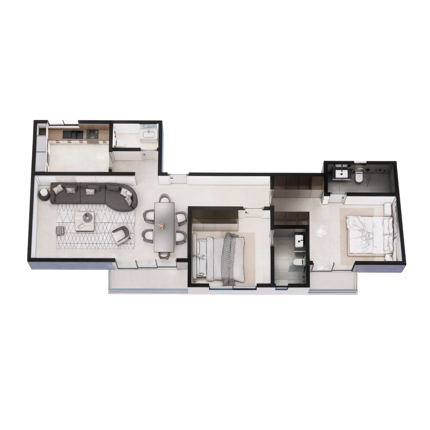 Plan 3D d’un appartement moderne deux chambres