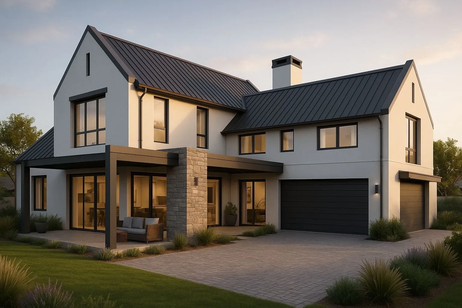 Render of a two-storey Modern Cape Contemporary home at Bossenzicht at golden hour, with covered patio and double garage