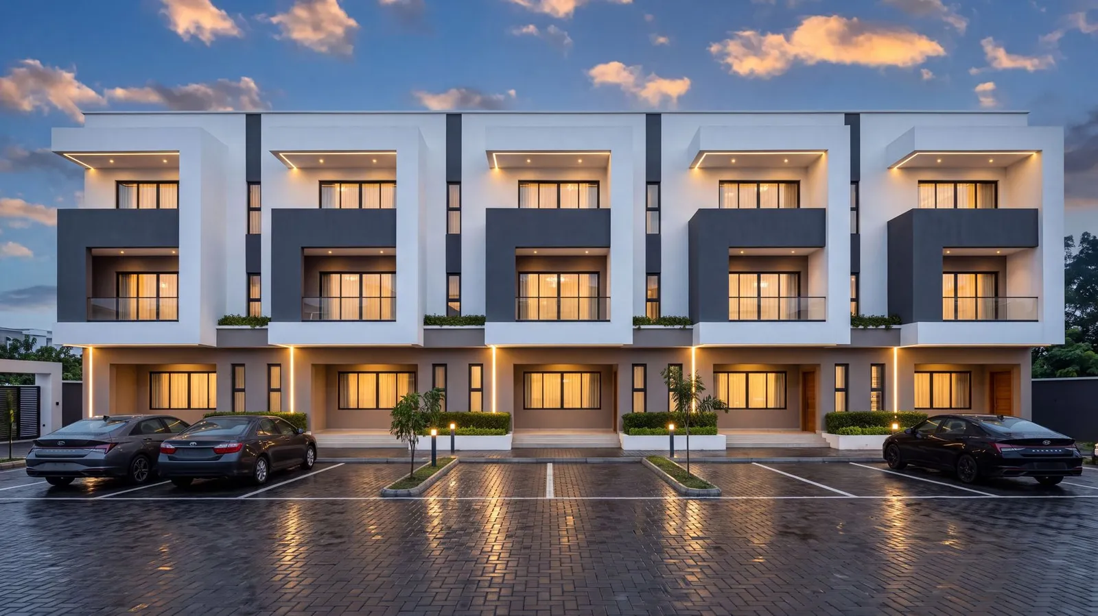 Design visualisation of the five-house row at The Axis at dusk, Kaura, Abuja