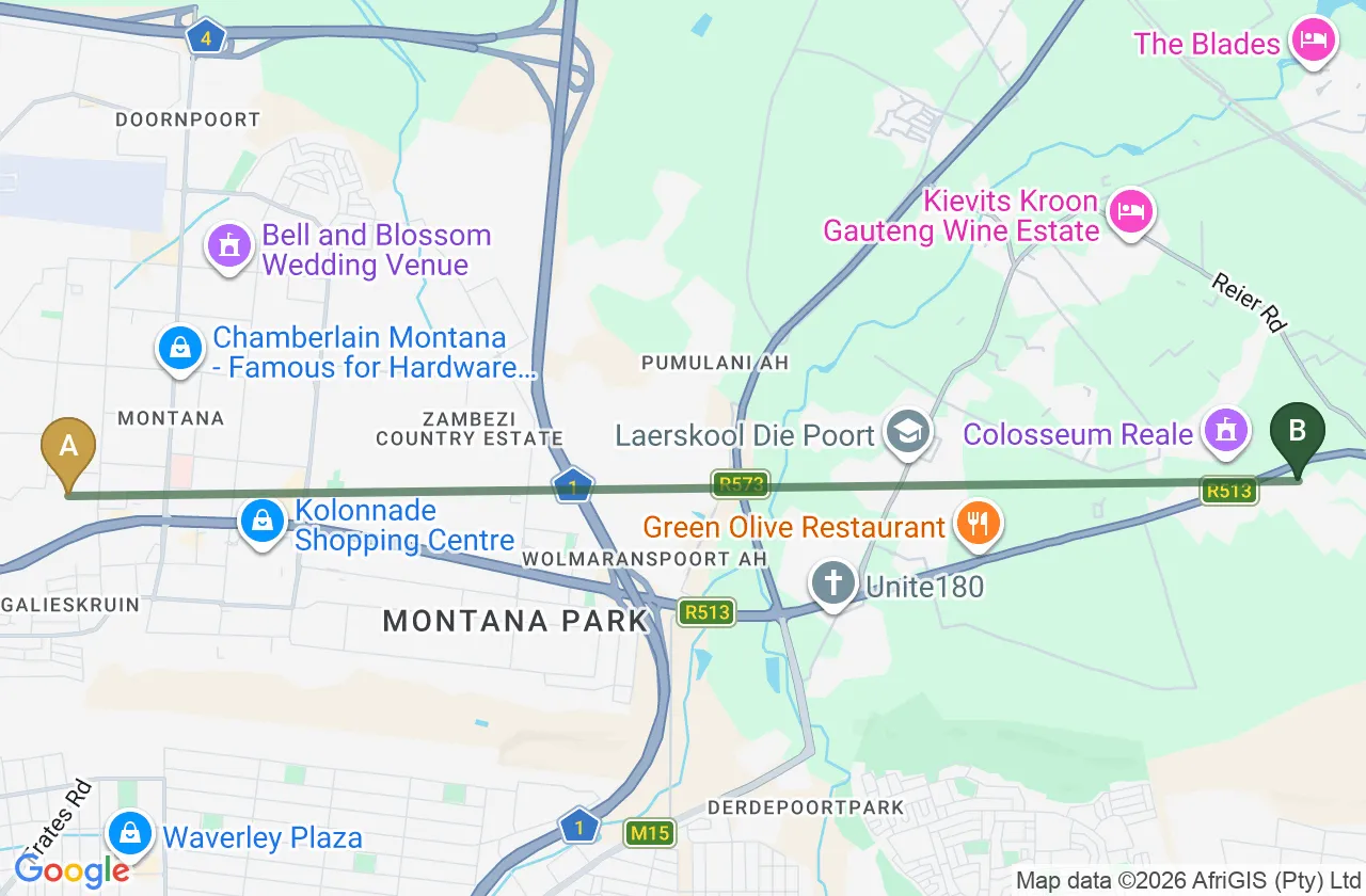 Map showing the route from Kolonnade Shopping Centre to Roodepark Eco City 2