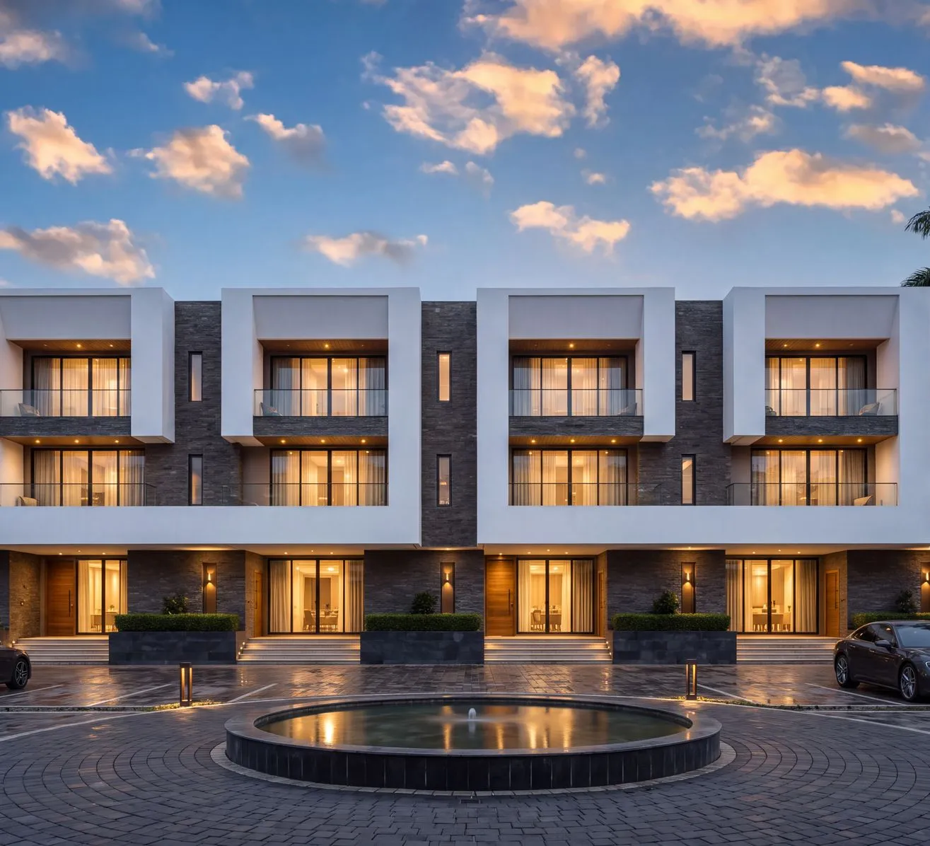 Design visualisation of the Claire Mont terraces at dusk