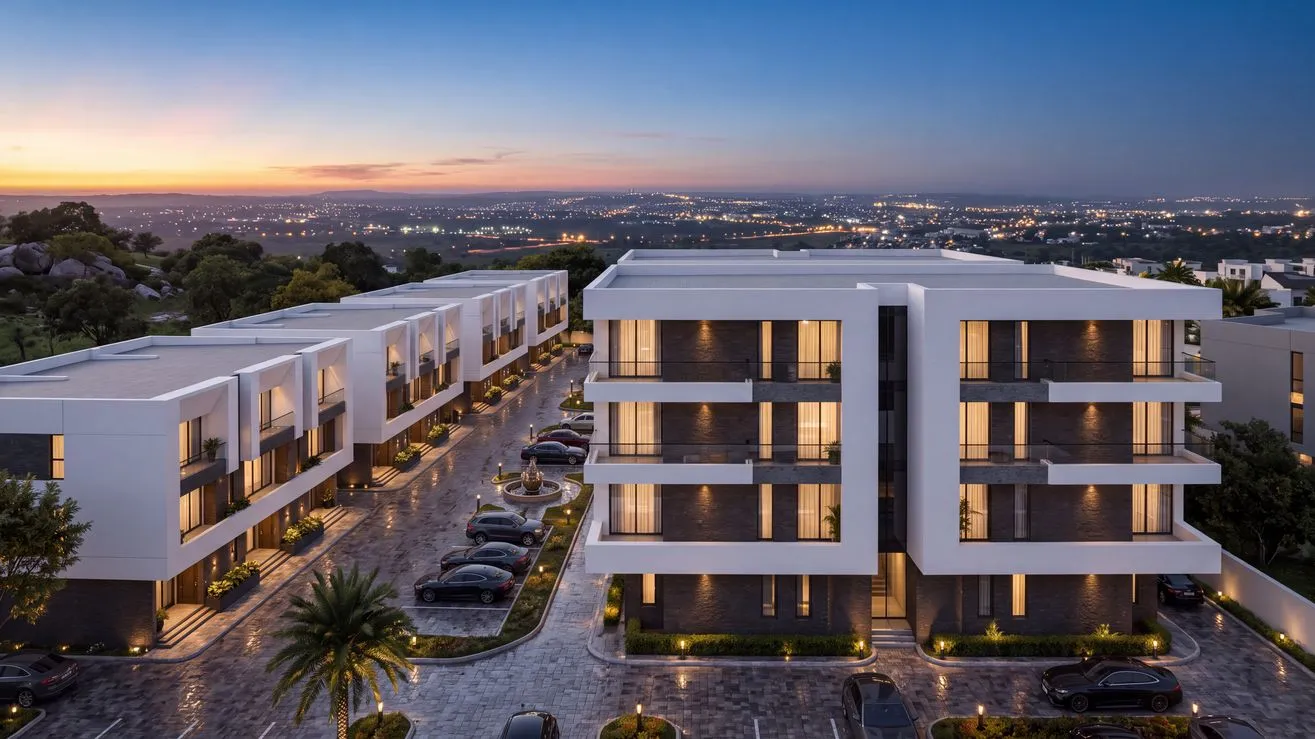 Design visualisation of the Claire Mont estate on the Katampe ridge at dusk, the lights of Abuja on the plain below