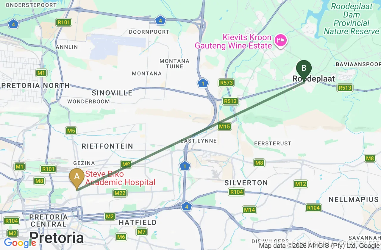 Map showing the route from Steve Biko Academic Hospital to Roodepark Eco City 2