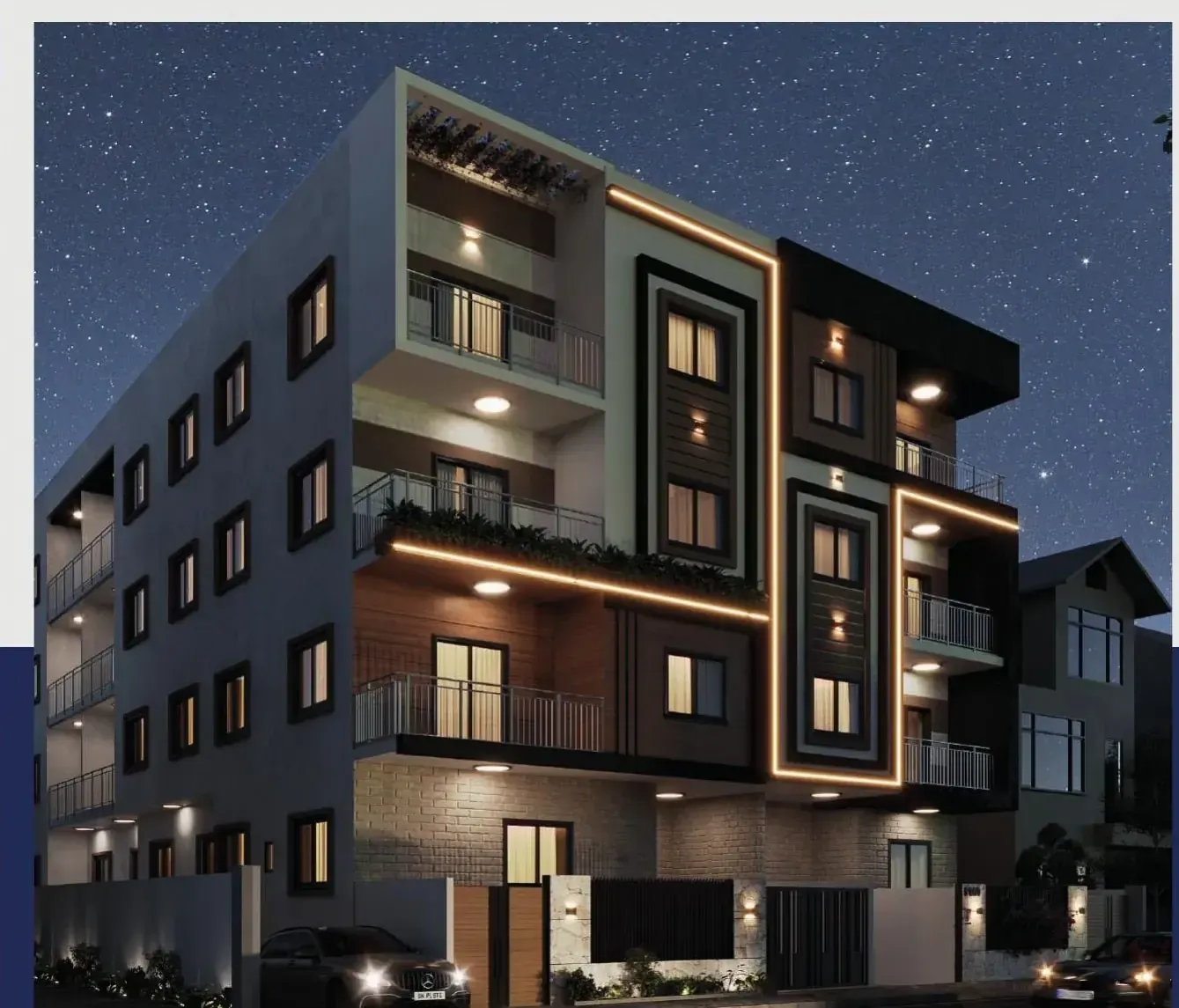 F-160 — Beit Al Watan — Corner view — night lighting