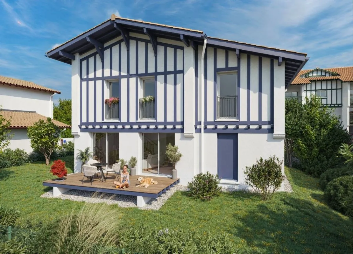 Perspective 3D de la Villa 1, illustrant l’architecture contemporaine, les volumes et les espaces extérieurs privatifs.