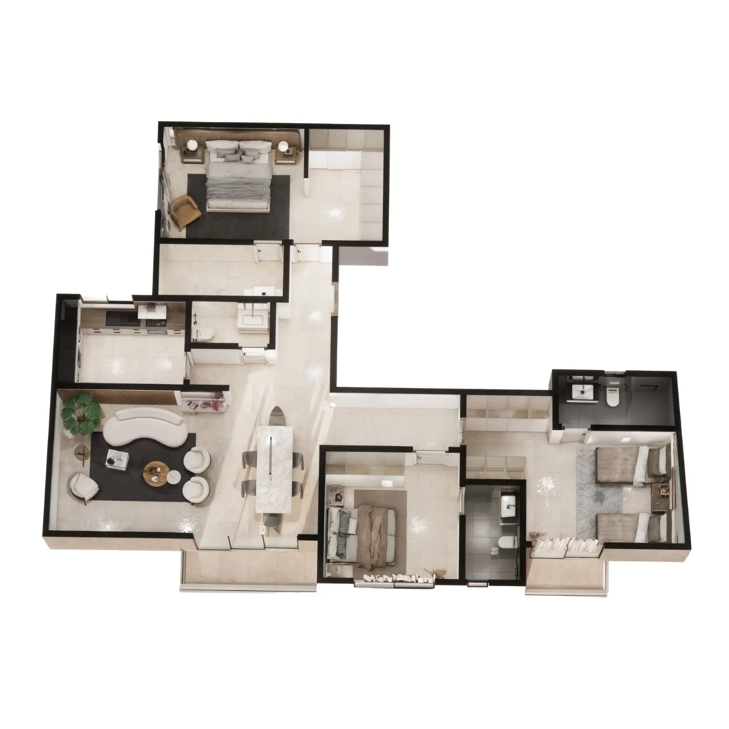 Plan 3D d’un appartement moderne trois chambres