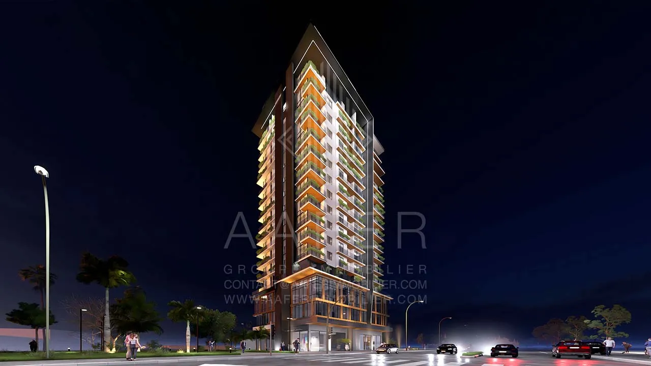 Photo extérieur nuit de la résidence ALPINIA, projet signé Groupe AAFER immobilier.