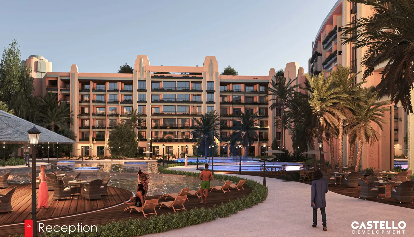 Evening view of a resort-style outdoor pool area with lounge chairs, palm trees, and people relaxing, set against a large multi-story building.