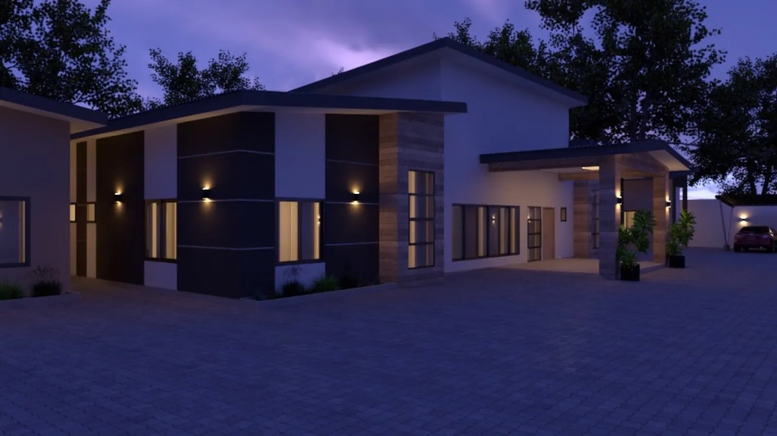 Design visualisation of the remodelled Stone House at dusk, Kaduna