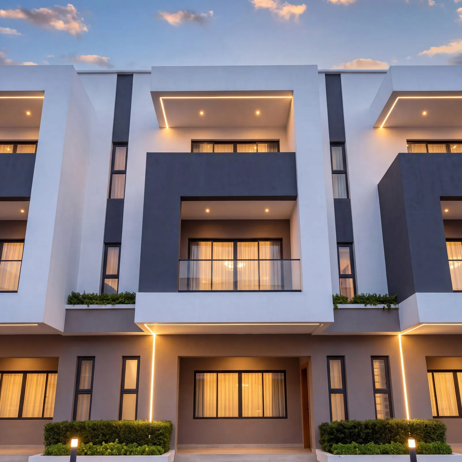 Design visualisation looking up the balcony frames of one house at The Axis at dusk