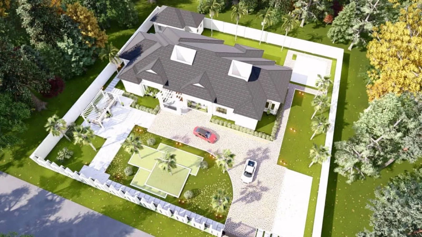 Aerial visualisation of a residence and its grounds at the Low Houses