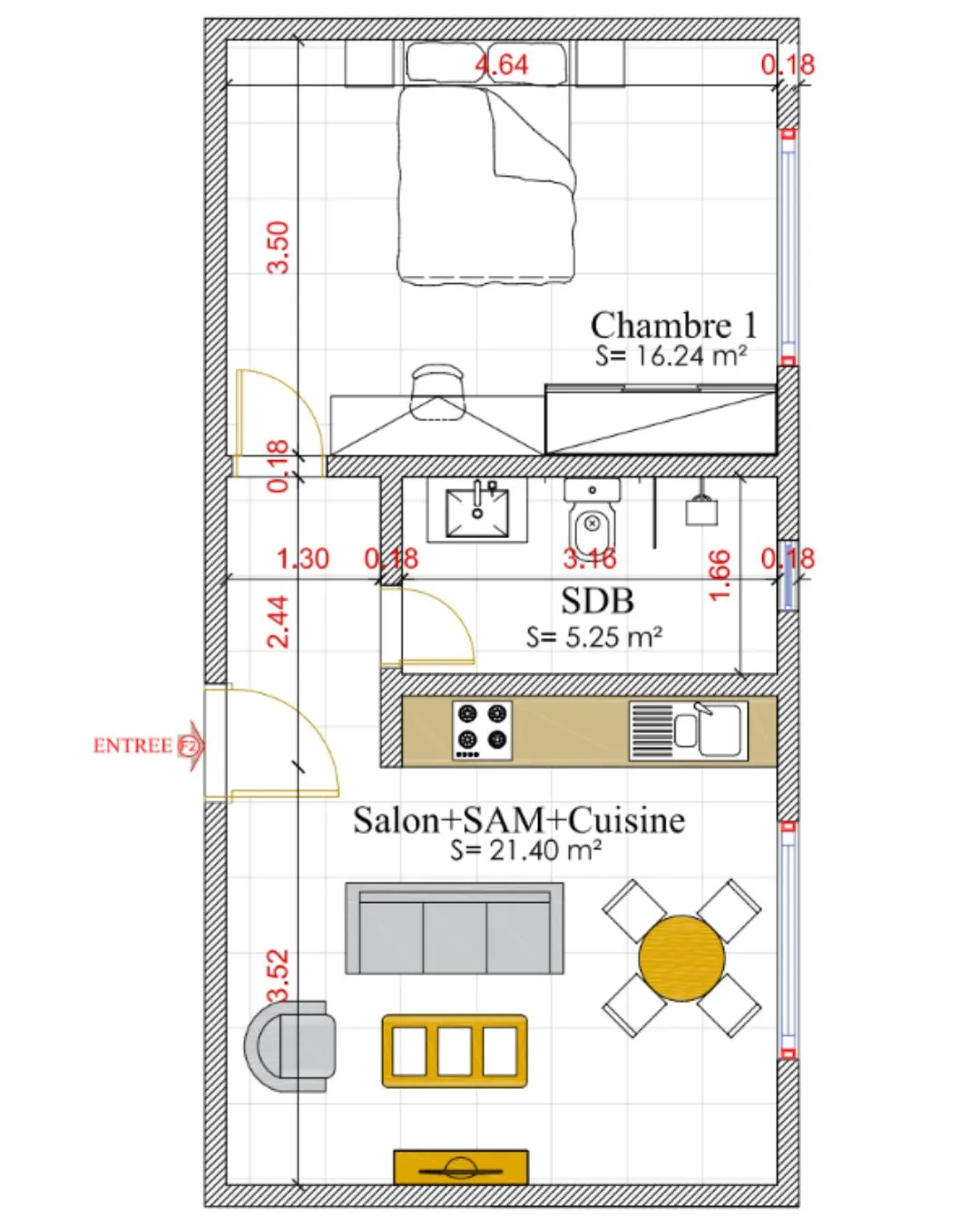 Un studio F2 de 50 m²