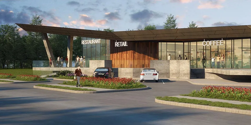 Modern building featuring a restaurant, retail space, and coffee shop with outdoor seating and parked cars.
