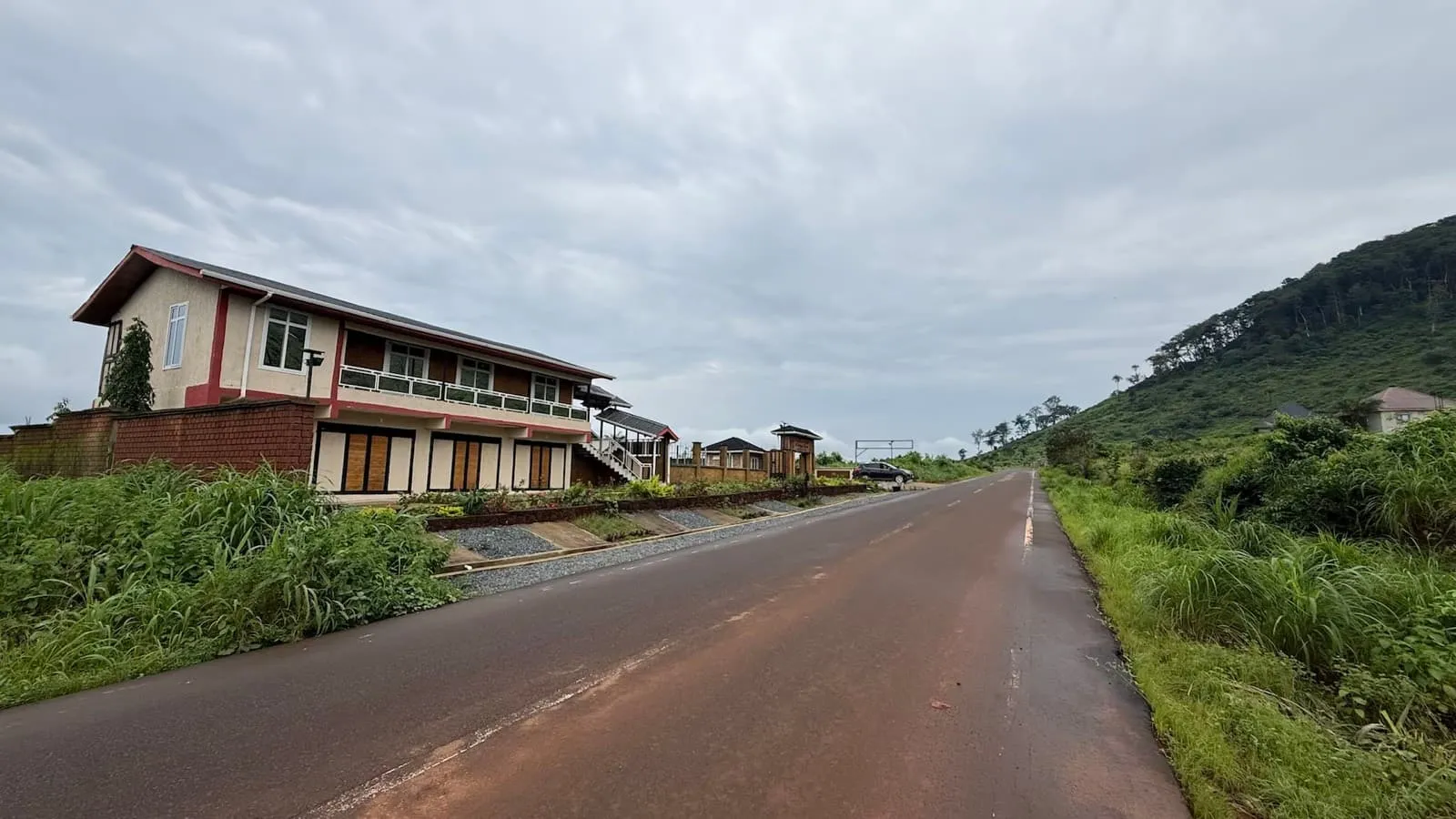 The tarred approach road to the estate, homes to one side and forested hillside to the other