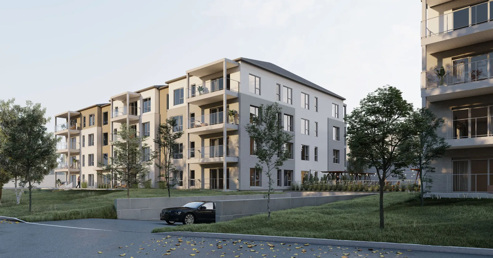 Façade du Domaine du Sentier Riverain, un projet résidentiel au design contemporain, une réalisation Moderno