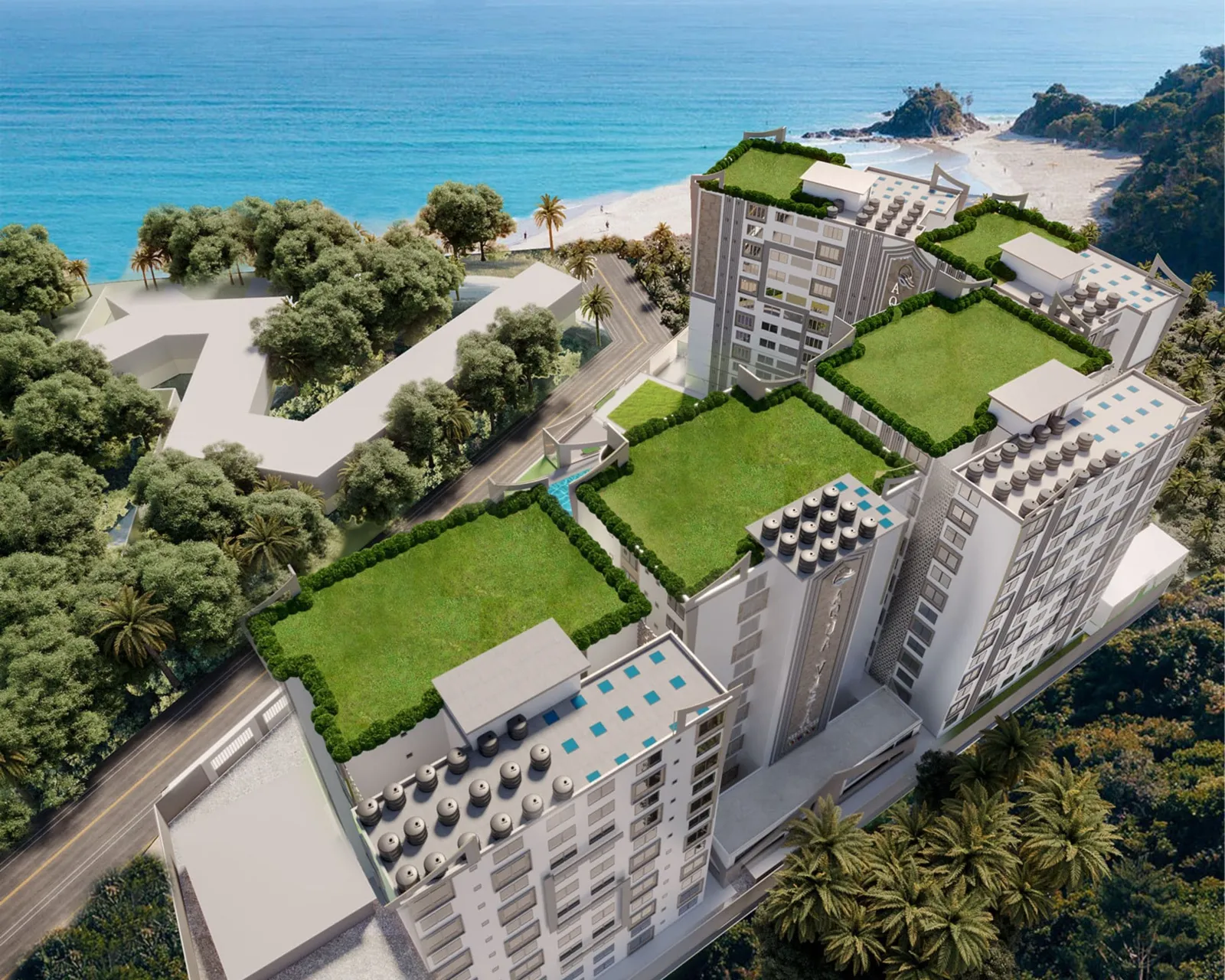 Aerial artist's impression of Aquavista Residences, Nyali: white towers with hedged rooftop lawns by a road, beach and ocean