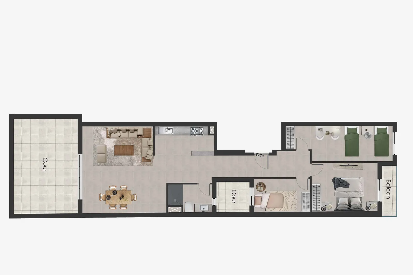 Appartement F4, Bloc A R+3, coté cour