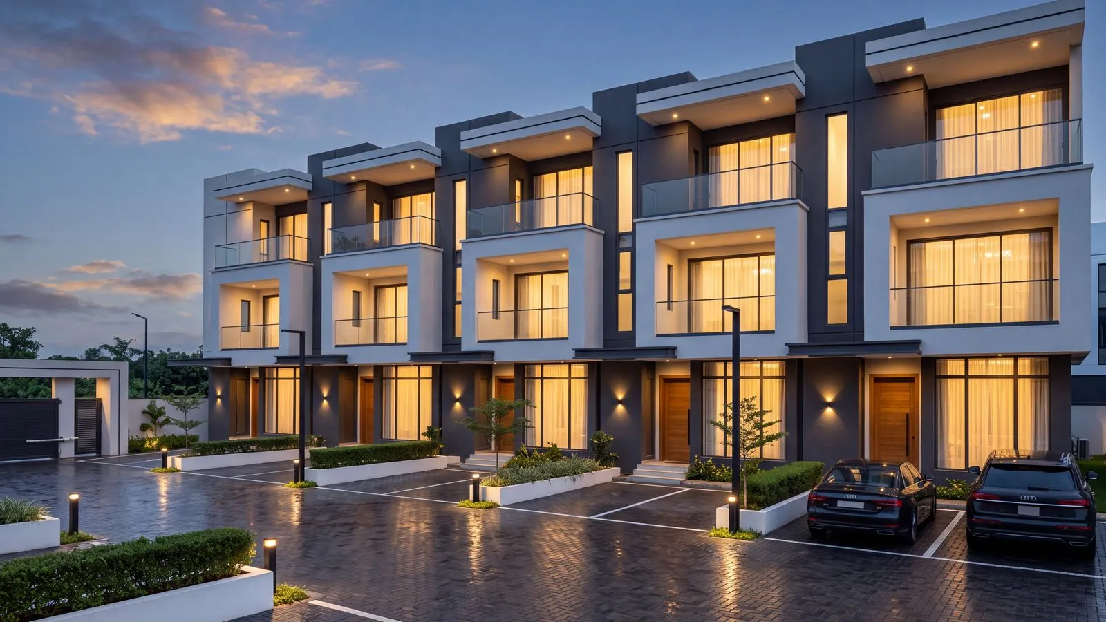 Design visualisation of an Emerald City terrace row at dusk, Kaura, Abuja