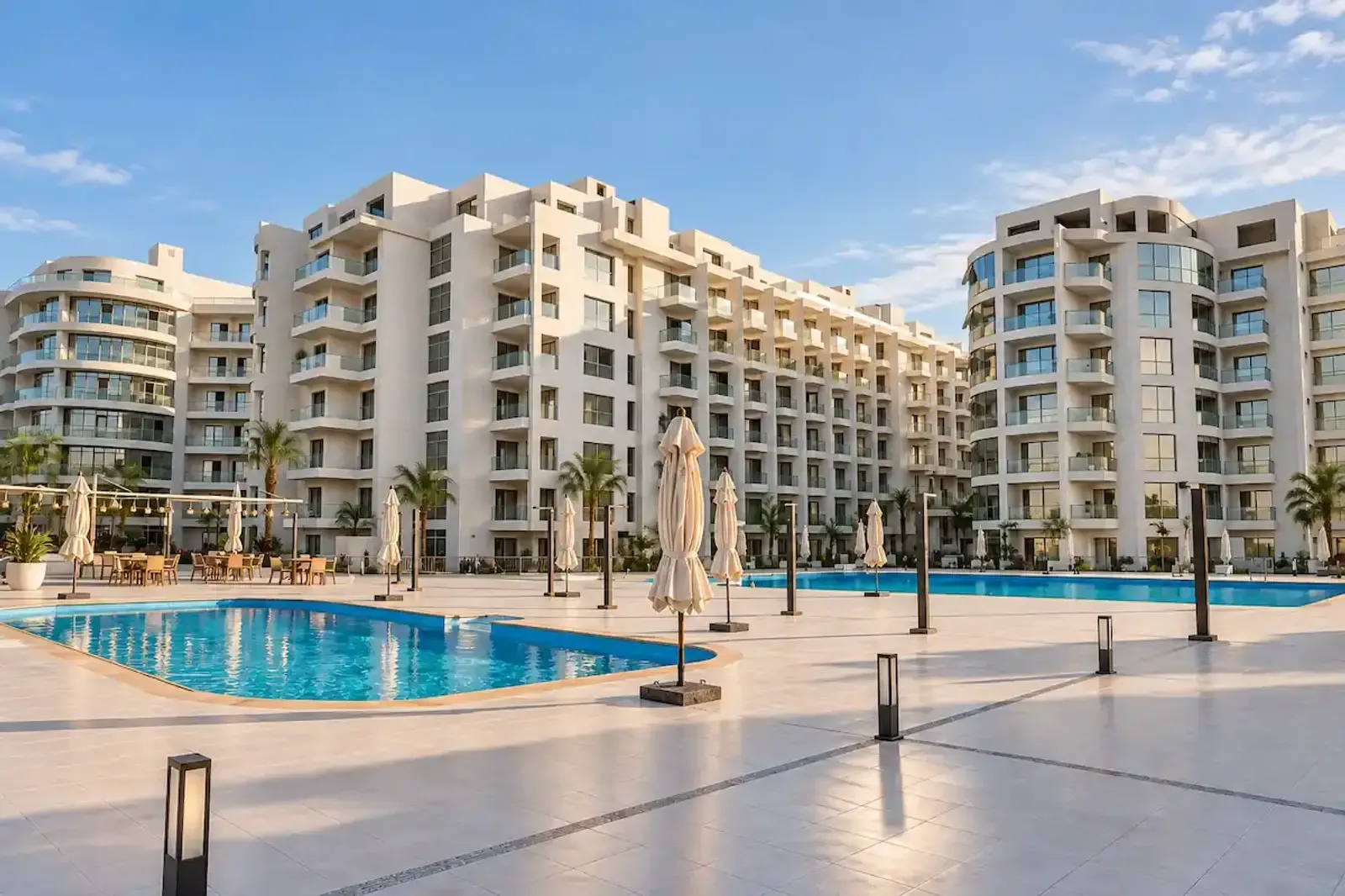 Scandic Resort in Hurghada with modern white apartment buildings, swimming pools, landscaped terraces, closed umbrellas, and outdoor seating areas.