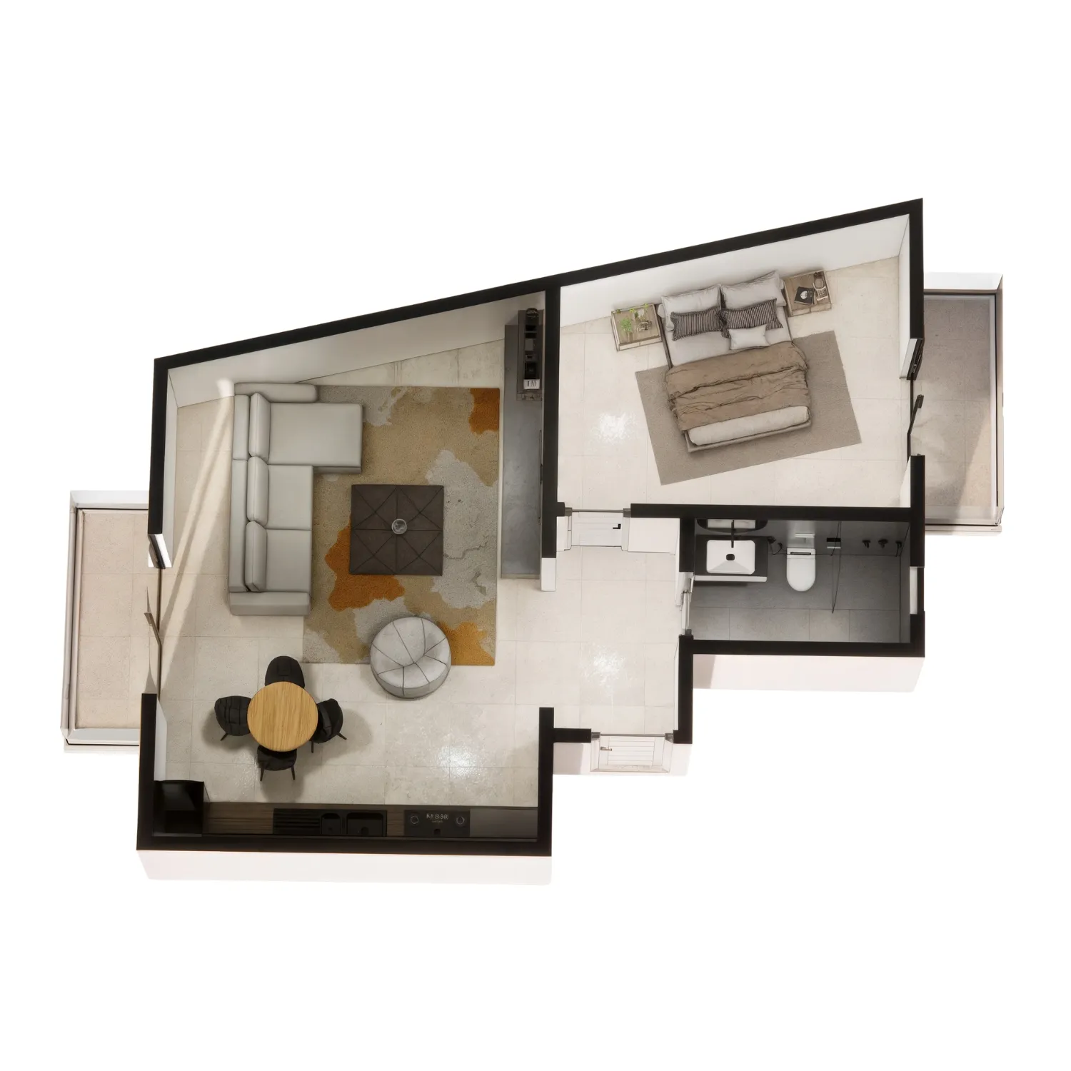 Plan 3D d’un appartement avec chambre et salon
