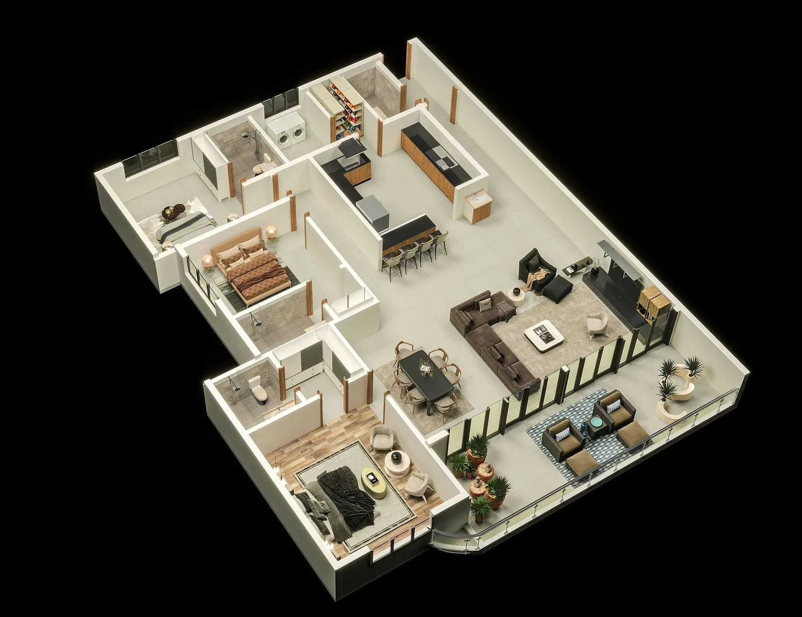 3D floor plan of a 3-bedroom apartment at Aquavista Residences, Nyali, with lounge, dining, laundry and wraparound balcony