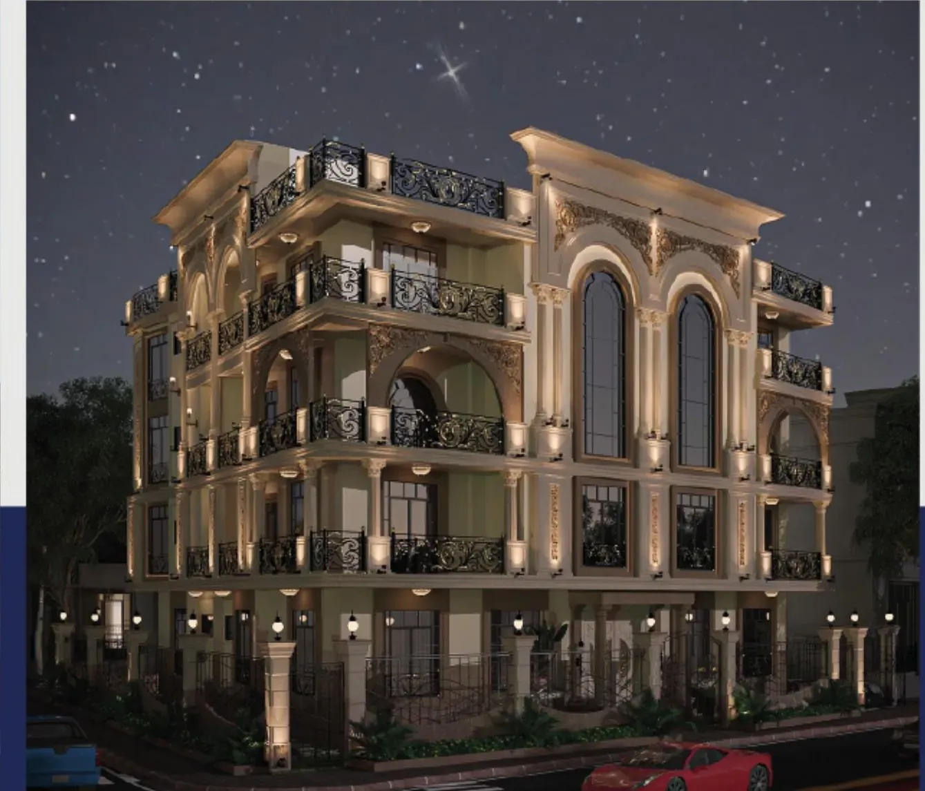 J-168 — North Rehab — Corner view — night lighting