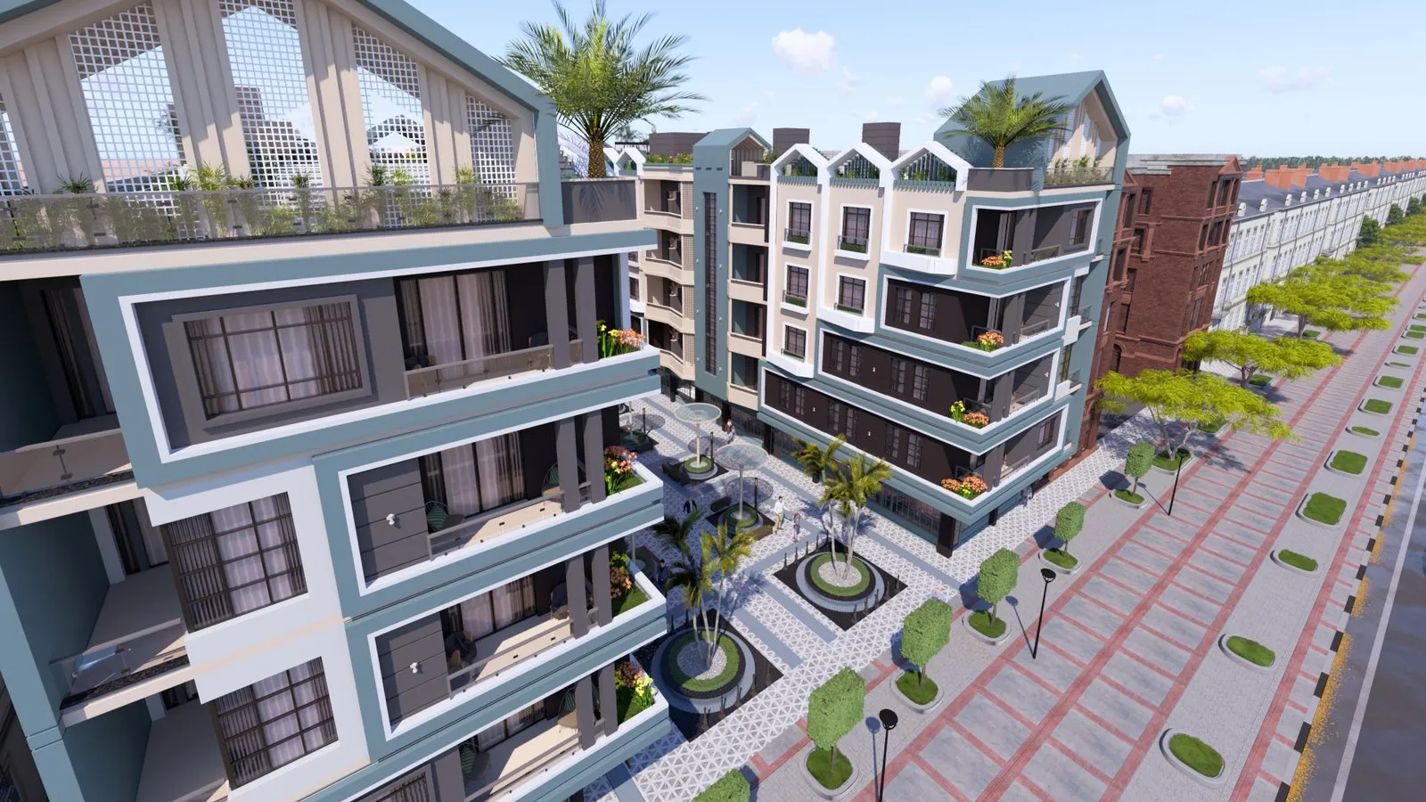 Aerial view of residential complex with blue-accented architecture