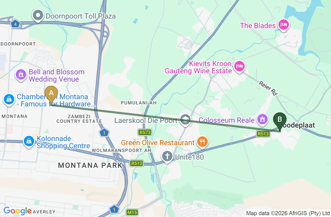 Map showing the route from Montana Gardens to Roodepark Eco City 2