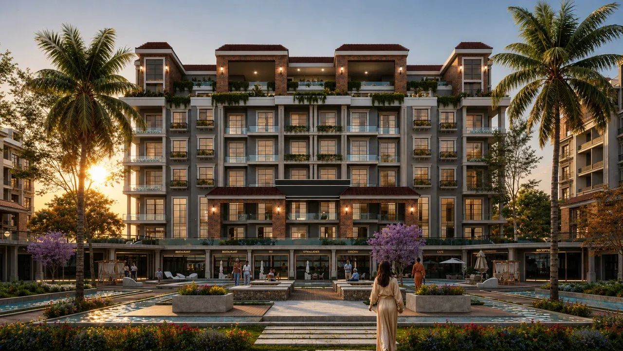Peerage Residence residential facade at sunset with landscaped water features