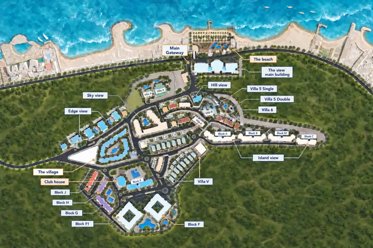 Master plan of The View Residence Hurghada showing the beachfront, Island View and club house, main gateway, residential blocks, villas, clubhouse, village area, internal roads, landscaped zones, and sea-view sections.