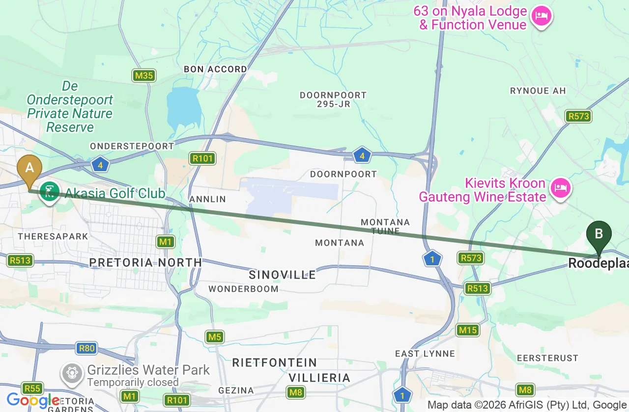 Map showing the route from Wonderpark Shopping Centre to Roodepark Eco City 2