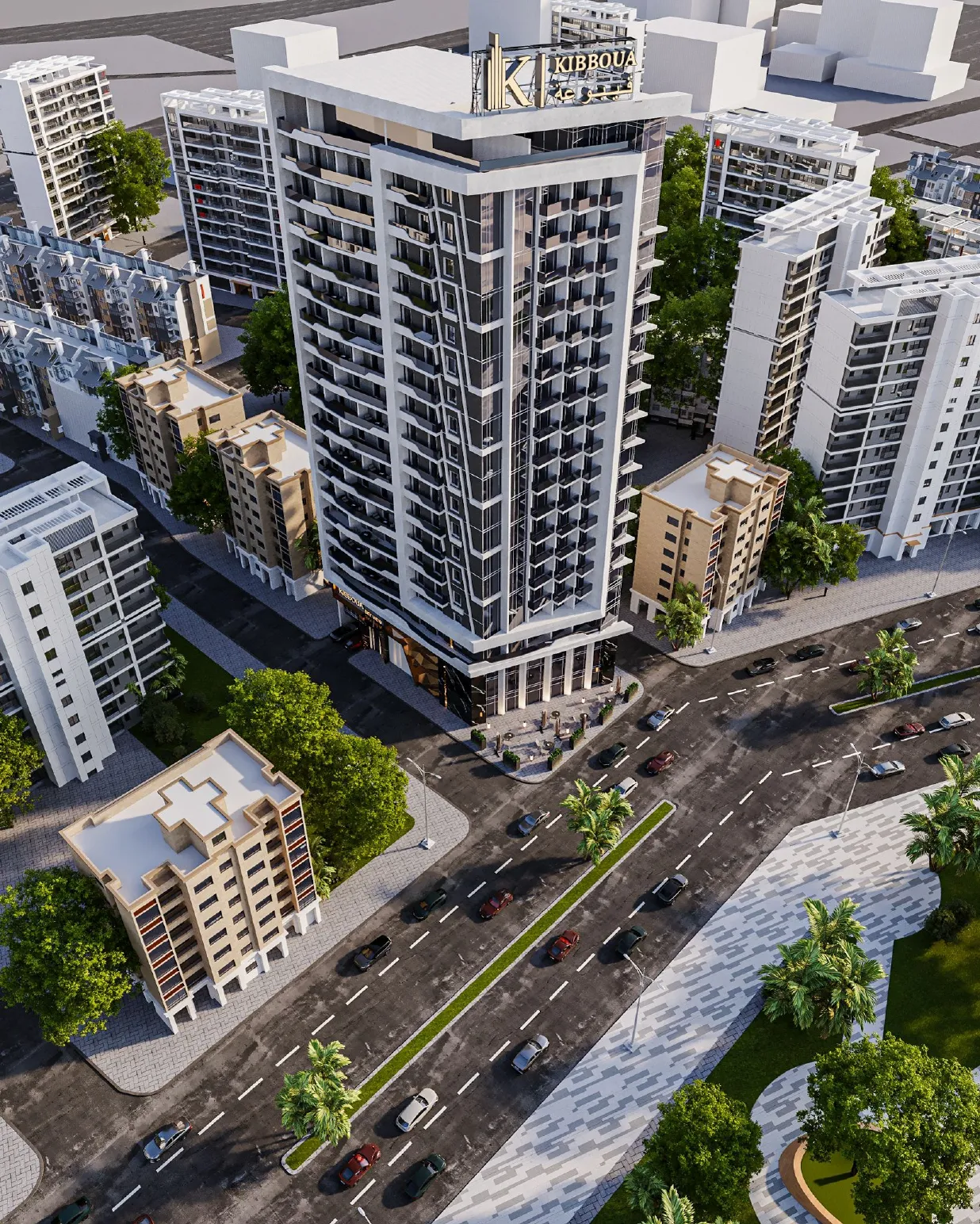 Sky View — vue aerienne 3/4 avec crown signage