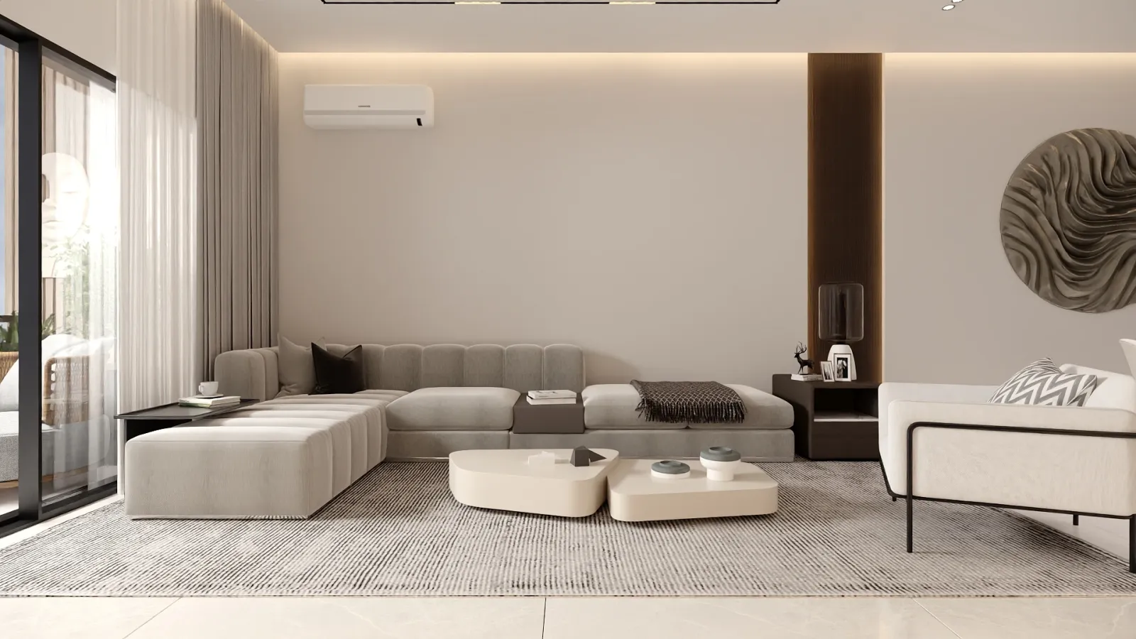Salon moderne minimaliste aux tons beiges