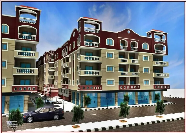 Full compound view with landscaping and parking area